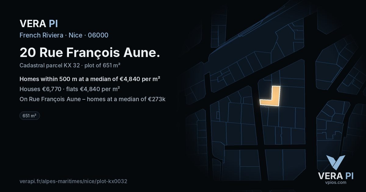 20 Rue François Aune, Nice at night – the plot lit, the parcels around coloured by the prices near them