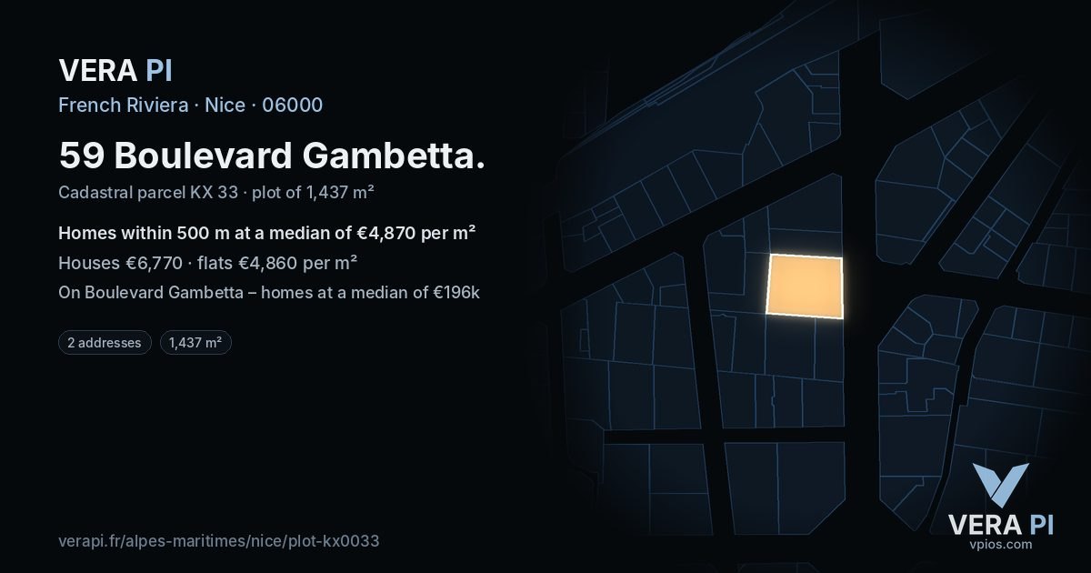 59 Boulevard Gambetta, Nice at night – the plot lit, the parcels around coloured by the prices near them