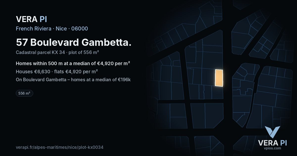 57 Boulevard Gambetta, Nice at night – the plot lit, the parcels around coloured by the prices near them
