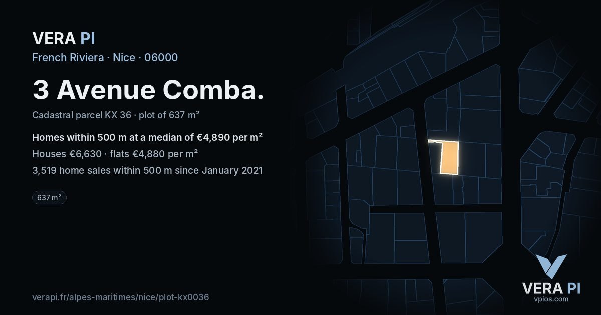 3 Avenue Comba, Nice at night – the plot lit, the parcels around coloured by the prices near them