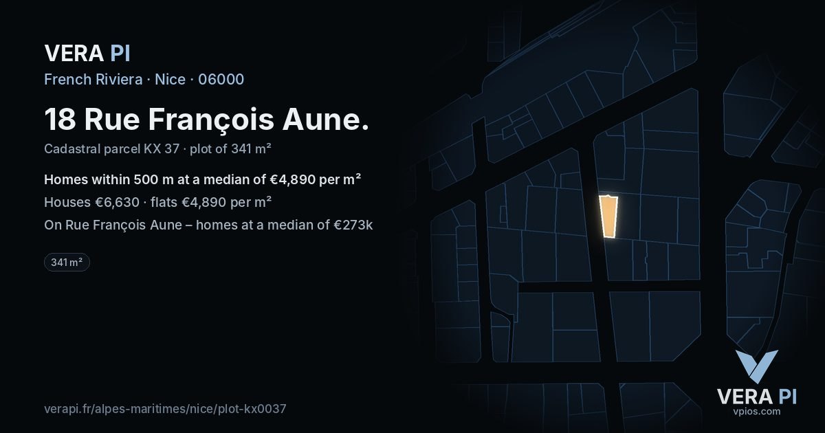 18 Rue François Aune, Nice at night – the plot lit, the parcels around coloured by the prices near them