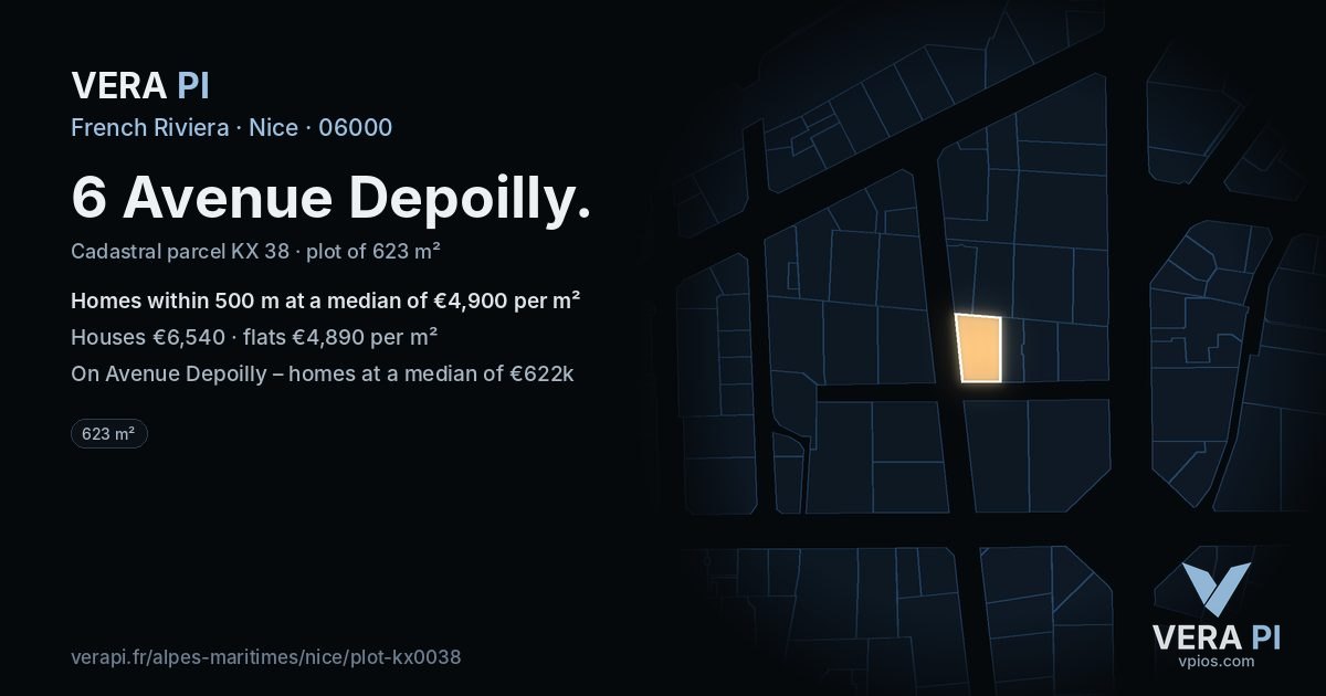 6 Avenue Depoilly, Nice at night – the plot lit, the parcels around coloured by the prices near them