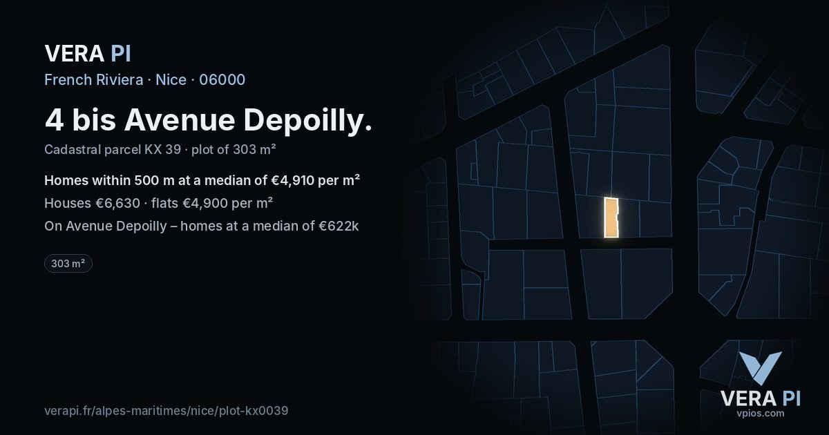 4 bis Avenue Depoilly, Nice at night – the plot lit, the parcels around coloured by the prices near them