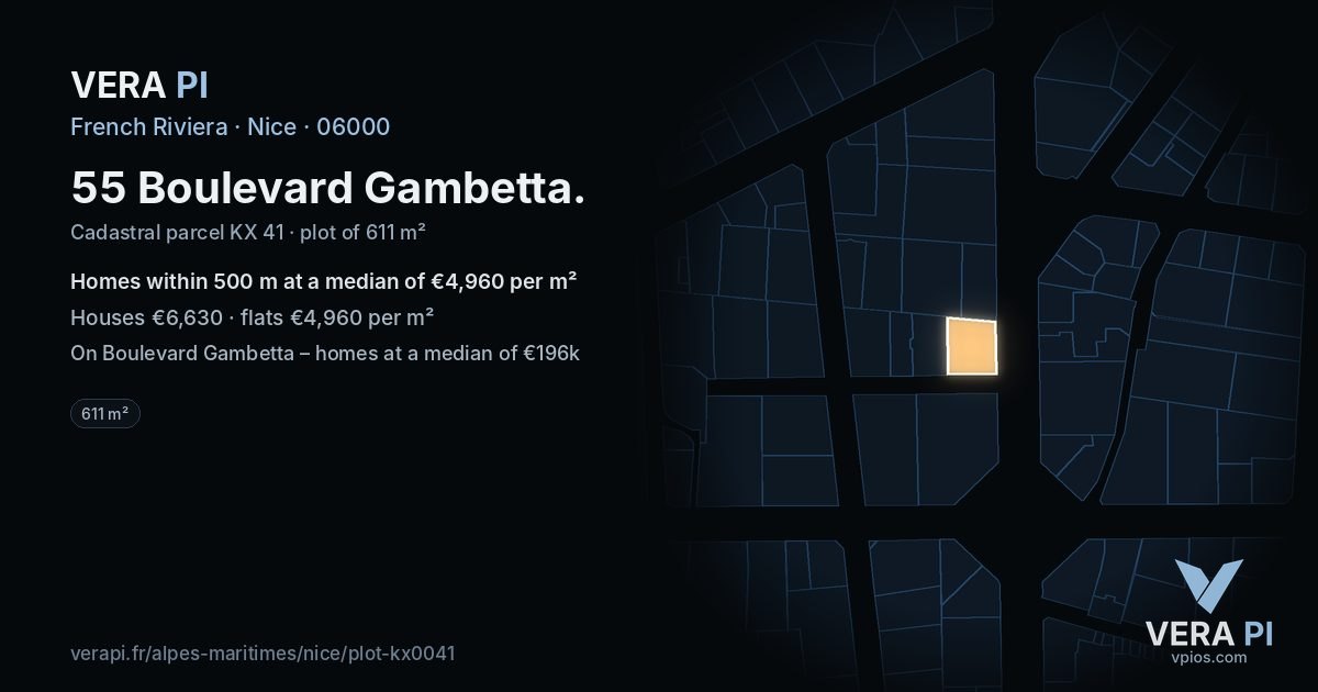 55 Boulevard Gambetta, Nice at night – the plot lit, the parcels around coloured by the prices near them