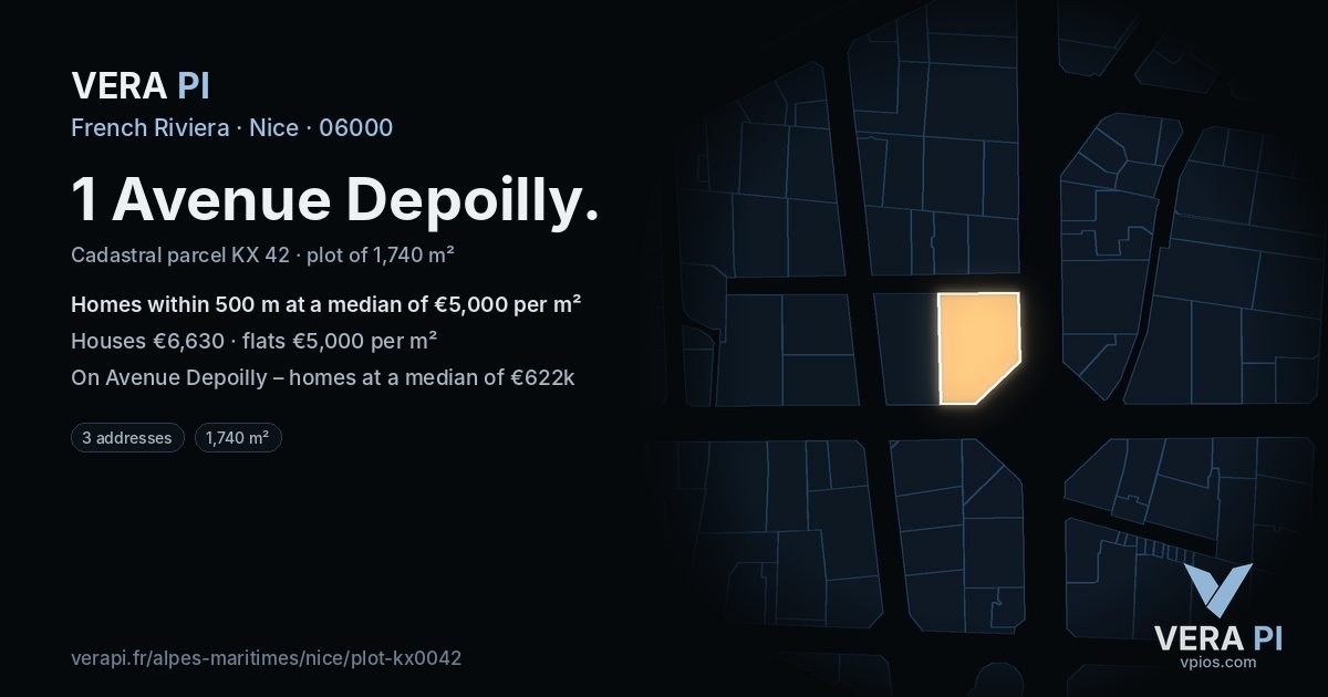 1 Avenue Depoilly, Nice at night – the plot lit, the parcels around coloured by the prices near them