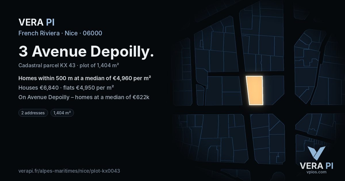 3 Avenue Depoilly, Nice at night – the plot lit, the parcels around coloured by the prices near them