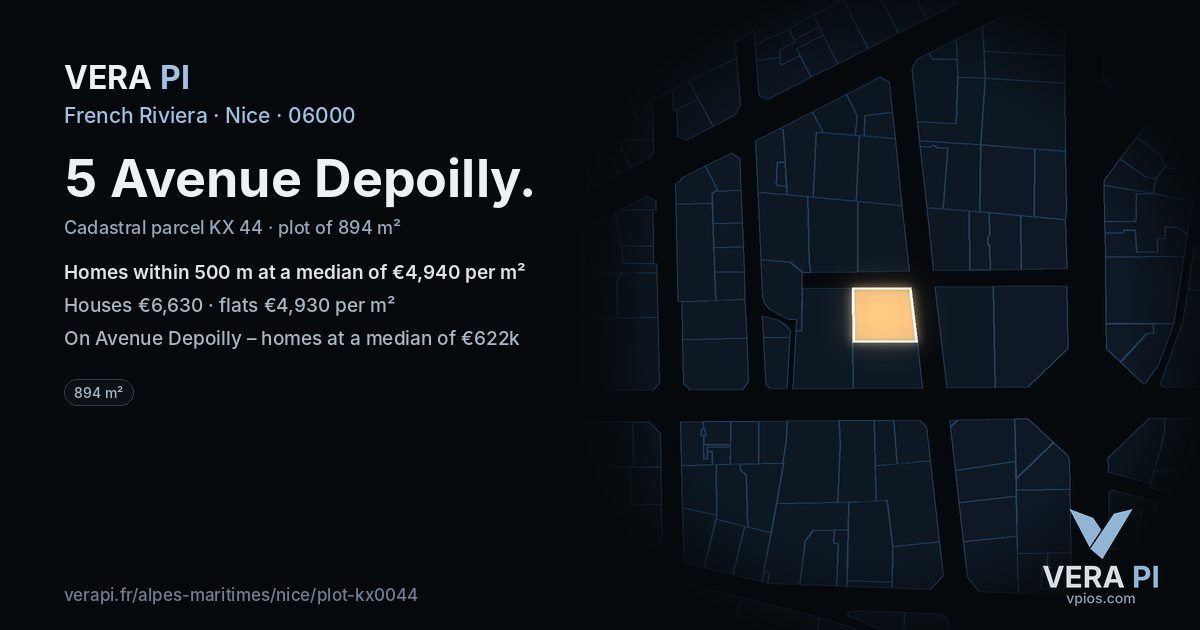 5 Avenue Depoilly, Nice at night – the plot lit, the parcels around coloured by the prices near them