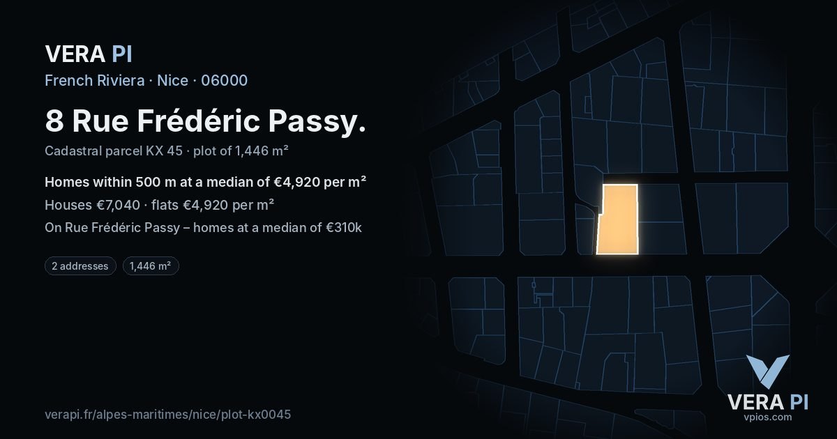 8 Rue Frédéric Passy, Nice at night – the plot lit, the parcels around coloured by the prices near them