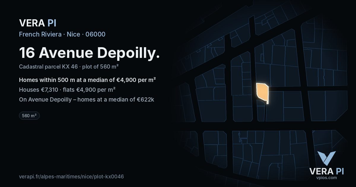 16 Avenue Depoilly, Nice at night – the plot lit, the parcels around coloured by the prices near them