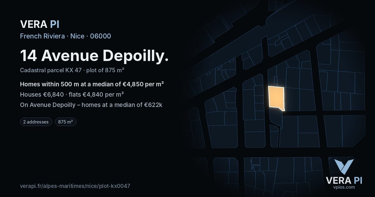 14 Avenue Depoilly, Nice at night – the plot lit, the parcels around coloured by the prices near them