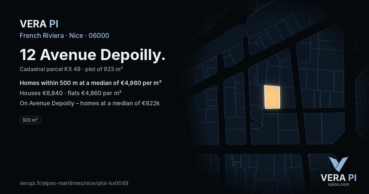 12 Avenue Depoilly, Nice at night – the plot lit, the parcels around coloured by the prices near them