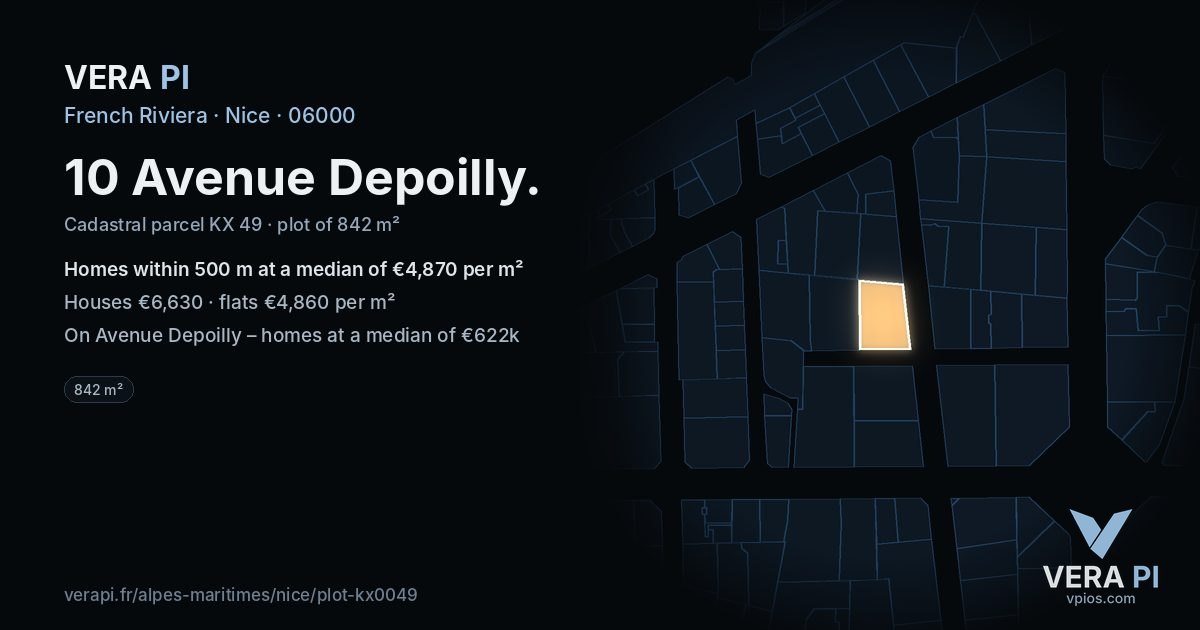 10 Avenue Depoilly, Nice at night – the plot lit, the parcels around coloured by the prices near them