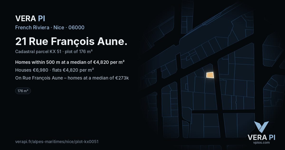 21 Rue François Aune, Nice at night – the plot lit, the parcels around coloured by the prices near them
