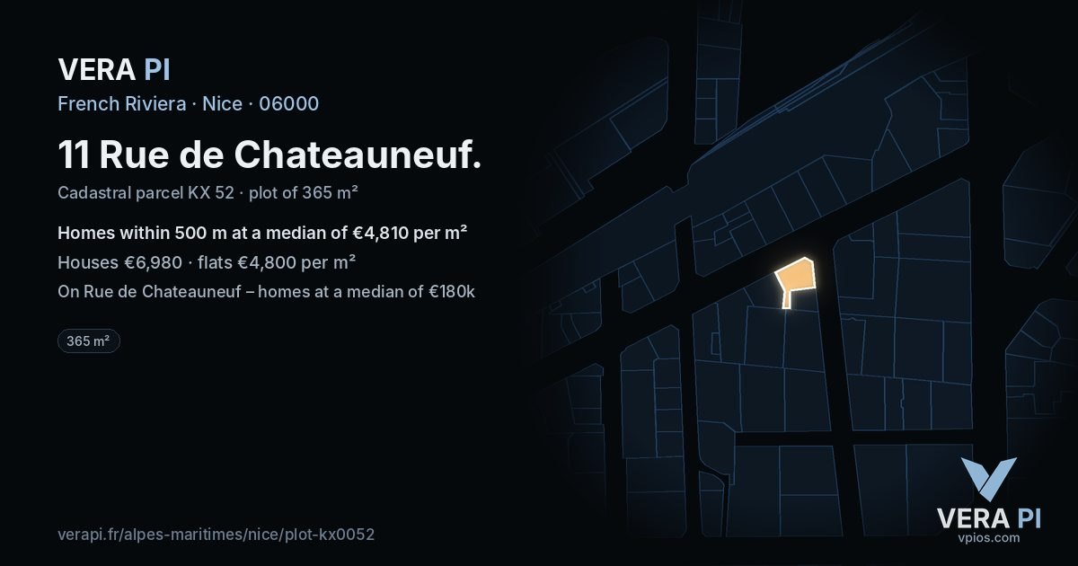 11 Rue de Chateauneuf, Nice at night – the plot lit, the parcels around coloured by the prices near them