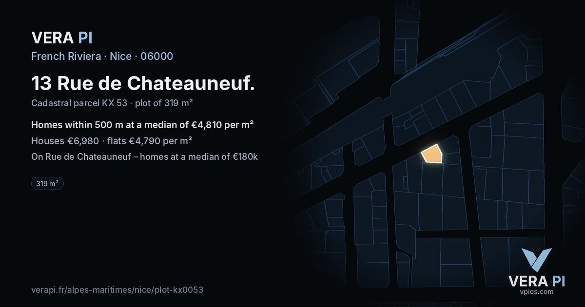 13 Rue de Chateauneuf, Nice at night – the plot lit, the parcels around coloured by the prices near them