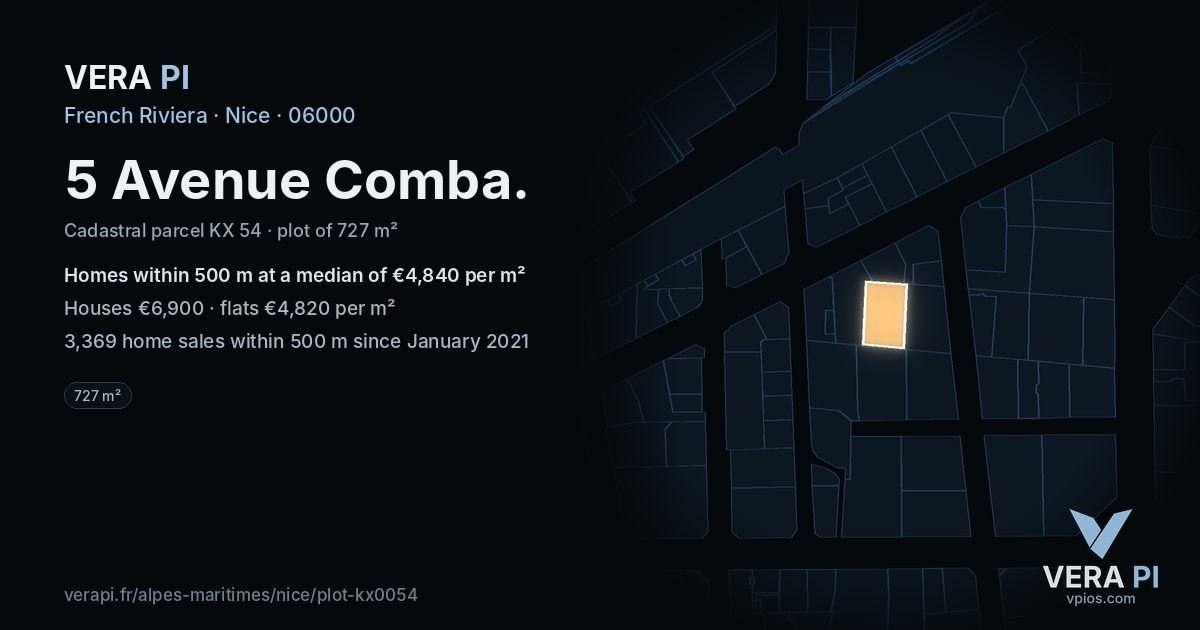 5 Avenue Comba, Nice at night – the plot lit, the parcels around coloured by the prices near them