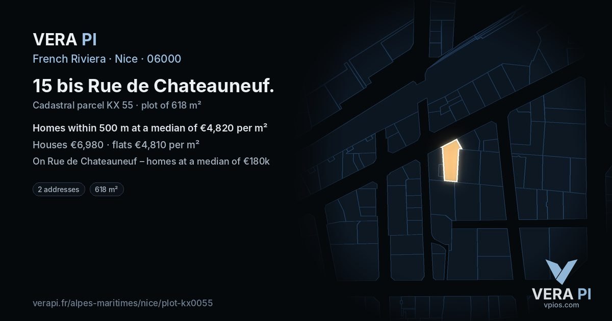 15 bis Rue de Chateauneuf, Nice at night – the plot lit, the parcels around coloured by the prices near them