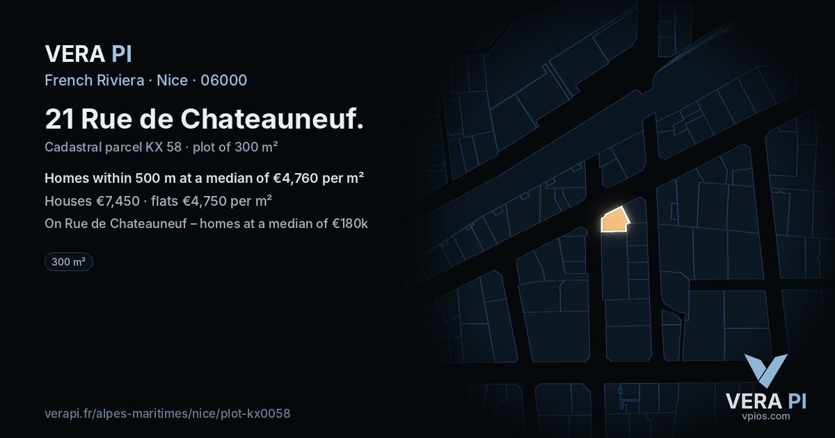 21 Rue de Chateauneuf, Nice at night – the plot lit, the parcels around coloured by the prices near them