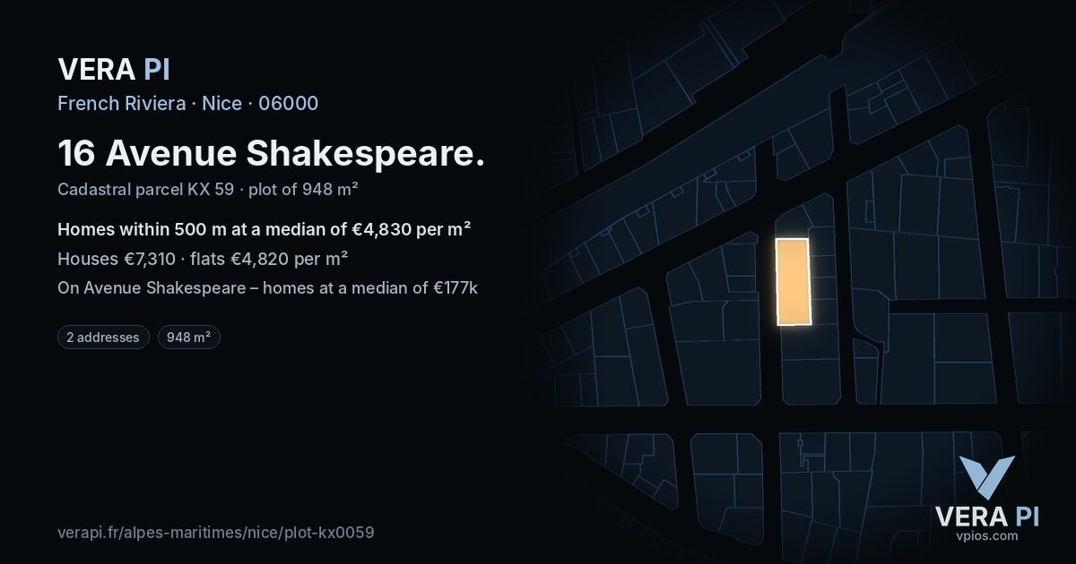 16 Avenue Shakespeare, Nice at night – the plot lit, the parcels around coloured by the prices near them