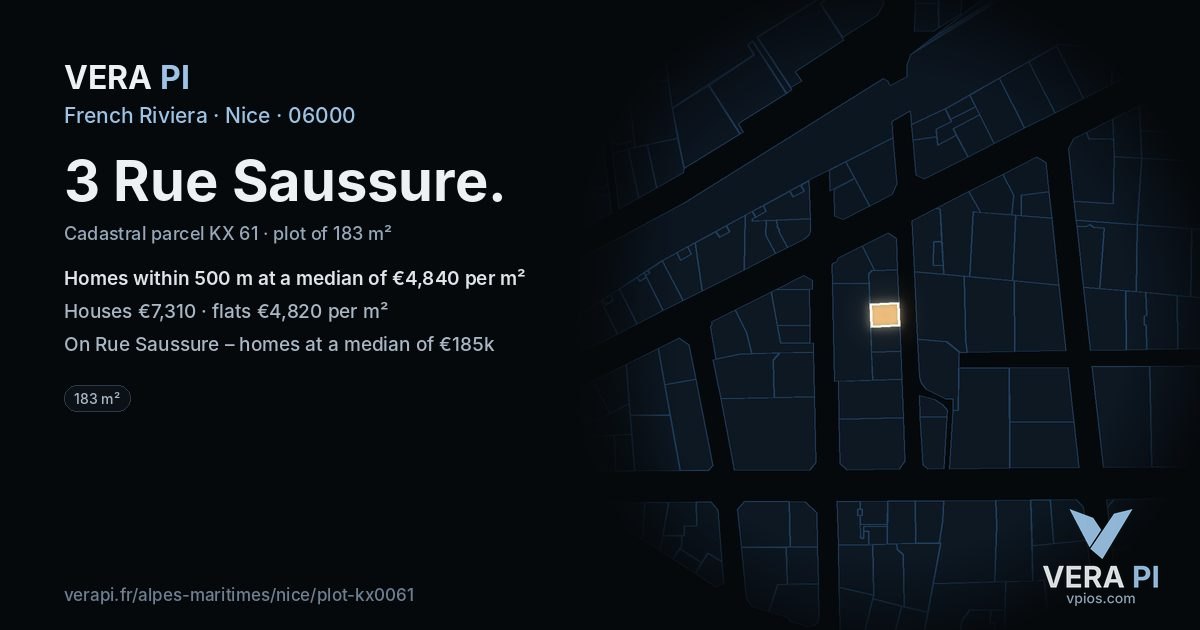 3 Rue Saussure, Nice at night – the plot lit, the parcels around coloured by the prices near them