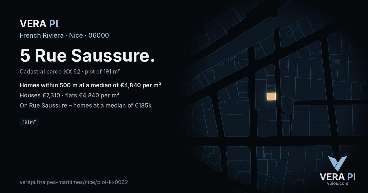 5 Rue Saussure, Nice at night – the plot lit, the parcels around coloured by the prices near them