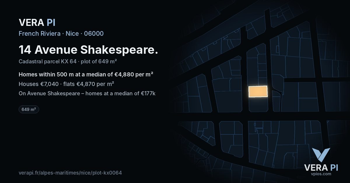 14 Avenue Shakespeare, Nice at night – the plot lit, the parcels around coloured by the prices near them
