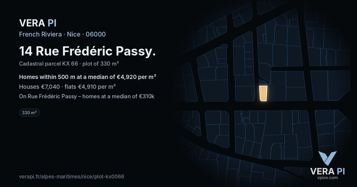 14 Rue Frédéric Passy, Nice at night – the plot lit, the parcels around coloured by the prices near them