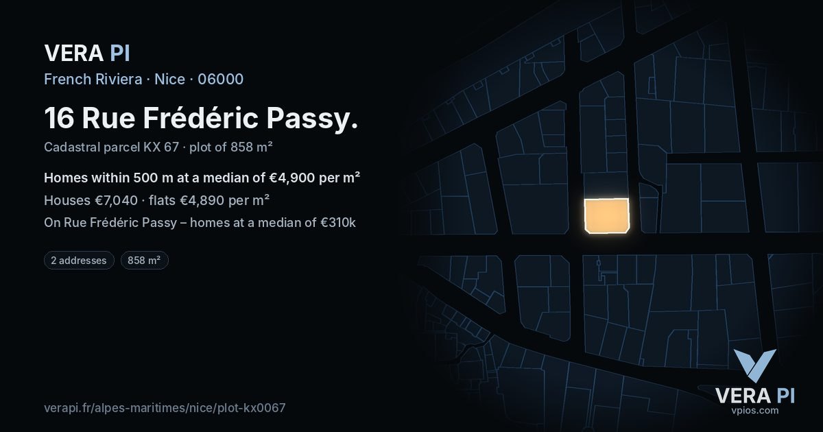 16 Rue Frédéric Passy, Nice at night – the plot lit, the parcels around coloured by the prices near them