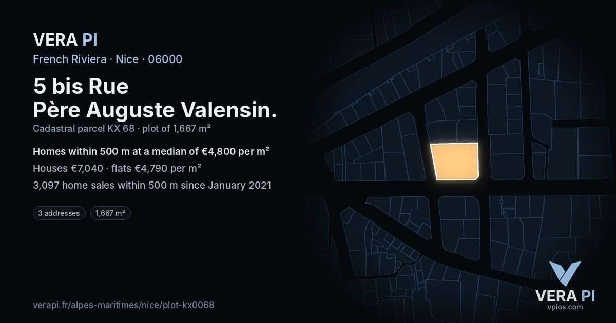 5 bis Rue Père Auguste Valensin, Nice at night – the plot lit, the parcels around coloured by the prices near them