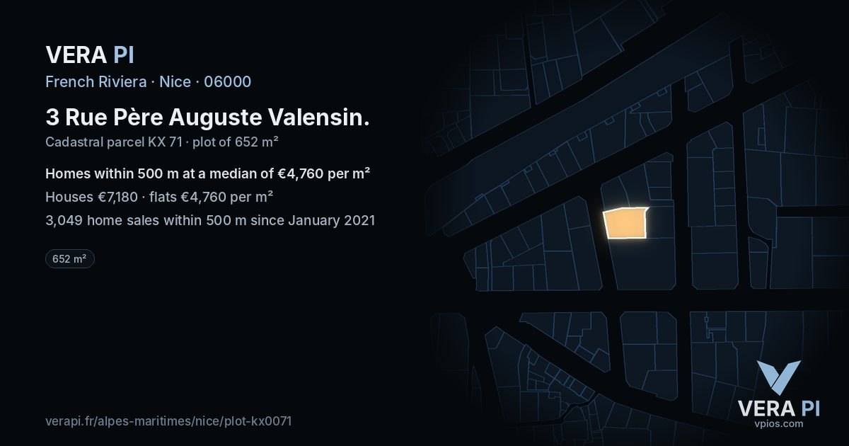 3 Rue Père Auguste Valensin, Nice at night – the plot lit, the parcels around coloured by the prices near them