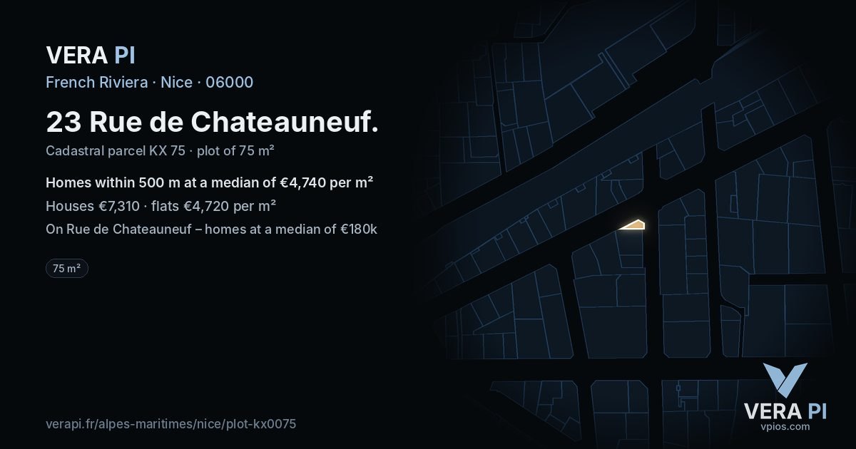 23 Rue de Chateauneuf, Nice at night – the plot lit, the parcels around coloured by the prices near them