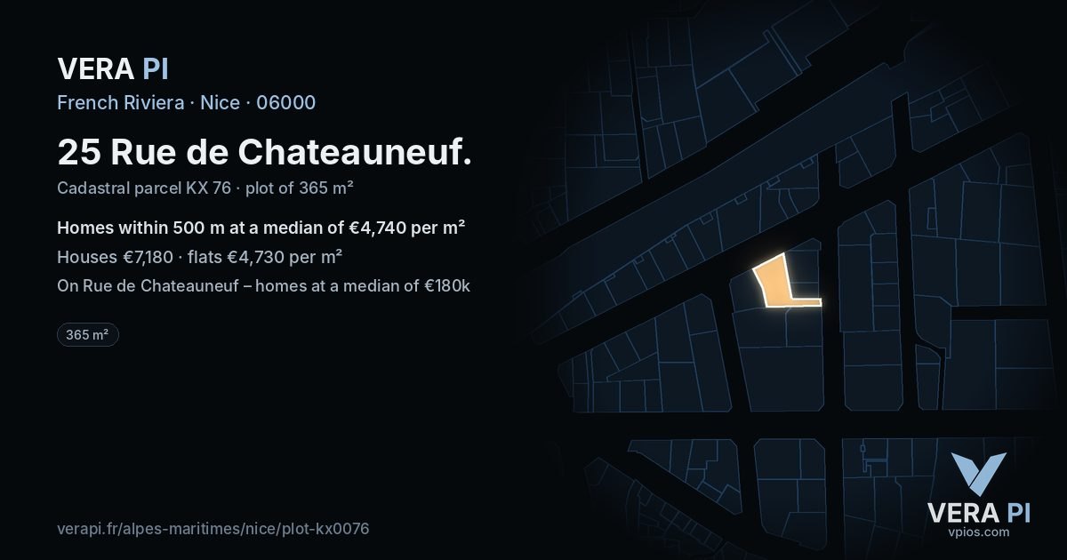 25 Rue de Chateauneuf, Nice at night – the plot lit, the parcels around coloured by the prices near them