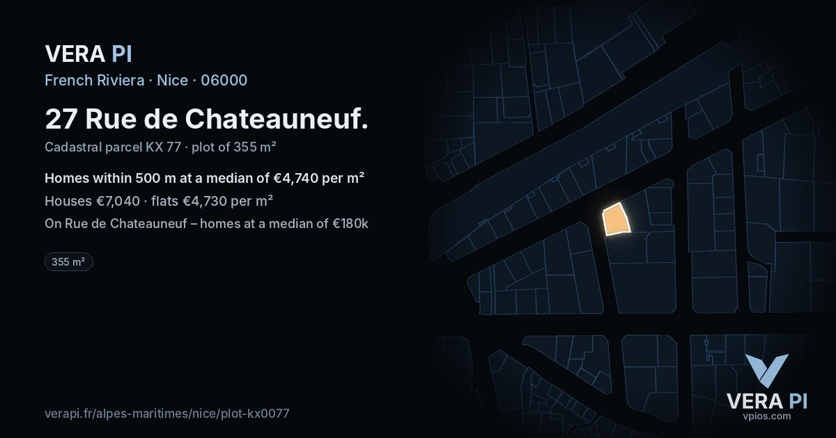 27 Rue de Chateauneuf, Nice at night – the plot lit, the parcels around coloured by the prices near them