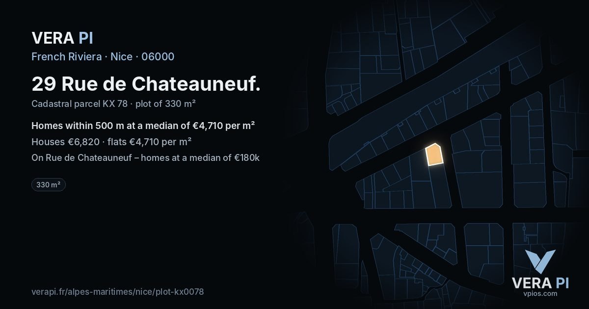 29 Rue de Chateauneuf, Nice at night – the plot lit, the parcels around coloured by the prices near them