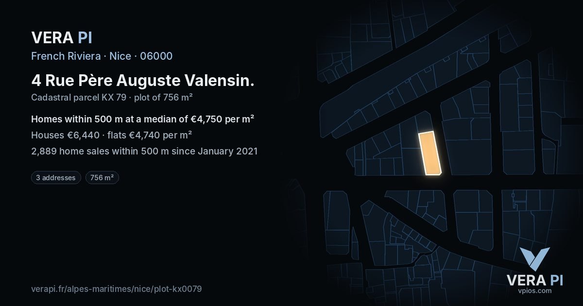 4 Rue Père Auguste Valensin, Nice at night – the plot lit, the parcels around coloured by the prices near them