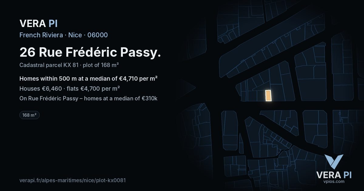 26 Rue Frédéric Passy, Nice at night – the plot lit, the parcels around coloured by the prices near them