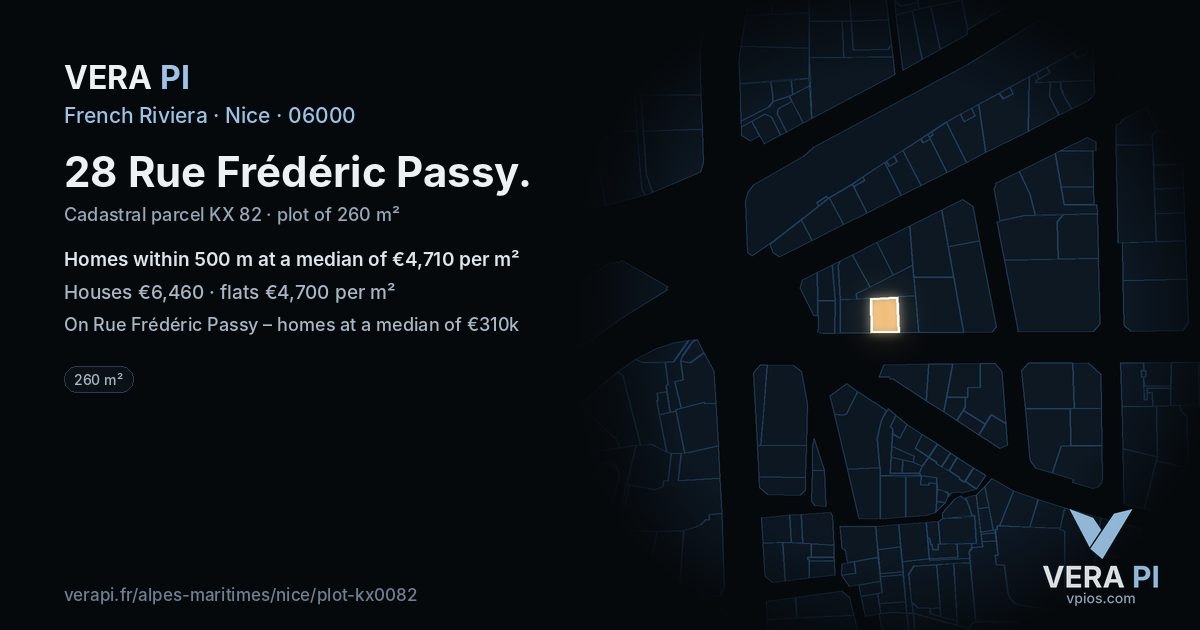 28 Rue Frédéric Passy, Nice at night – the plot lit, the parcels around coloured by the prices near them
