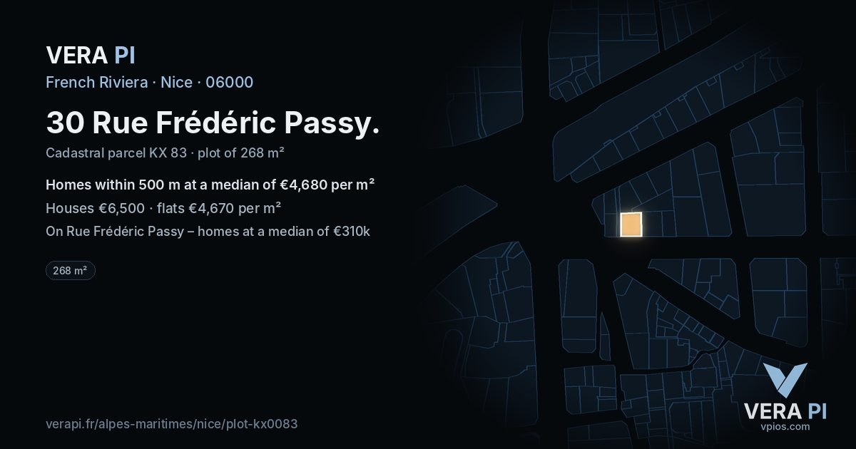 30 Rue Frédéric Passy, Nice at night – the plot lit, the parcels around coloured by the prices near them