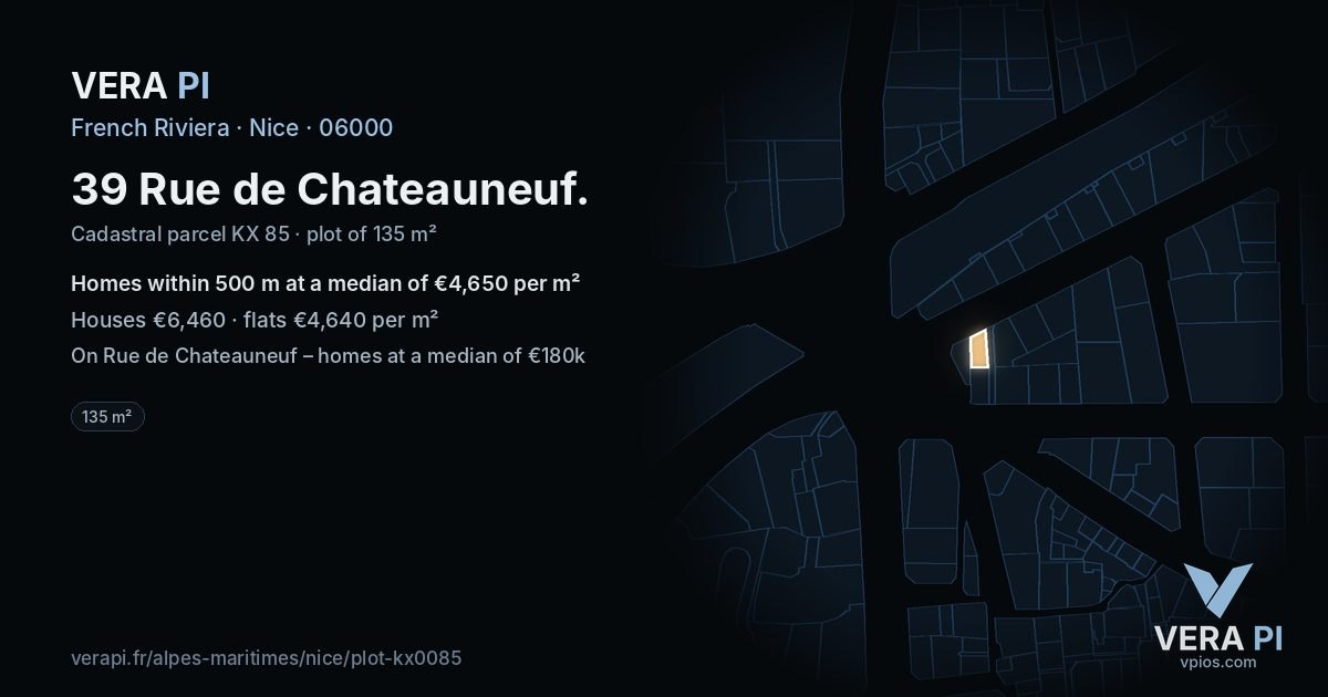 39 Rue de Chateauneuf, Nice at night – the plot lit, the parcels around coloured by the prices near them