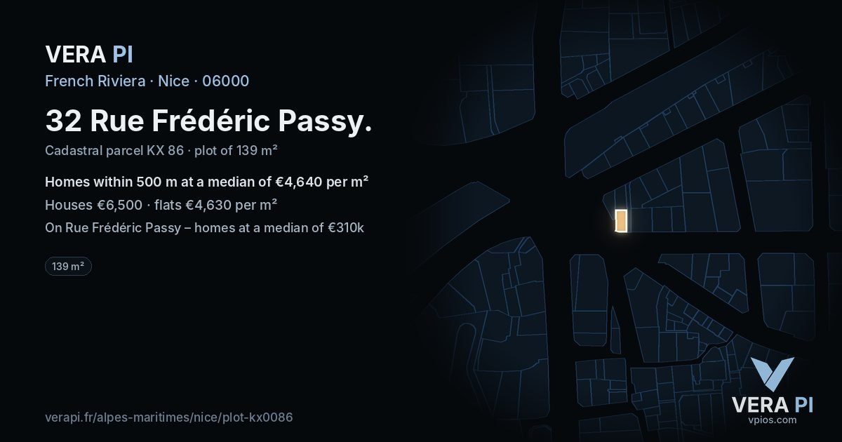 32 Rue Frédéric Passy, Nice at night – the plot lit, the parcels around coloured by the prices near them