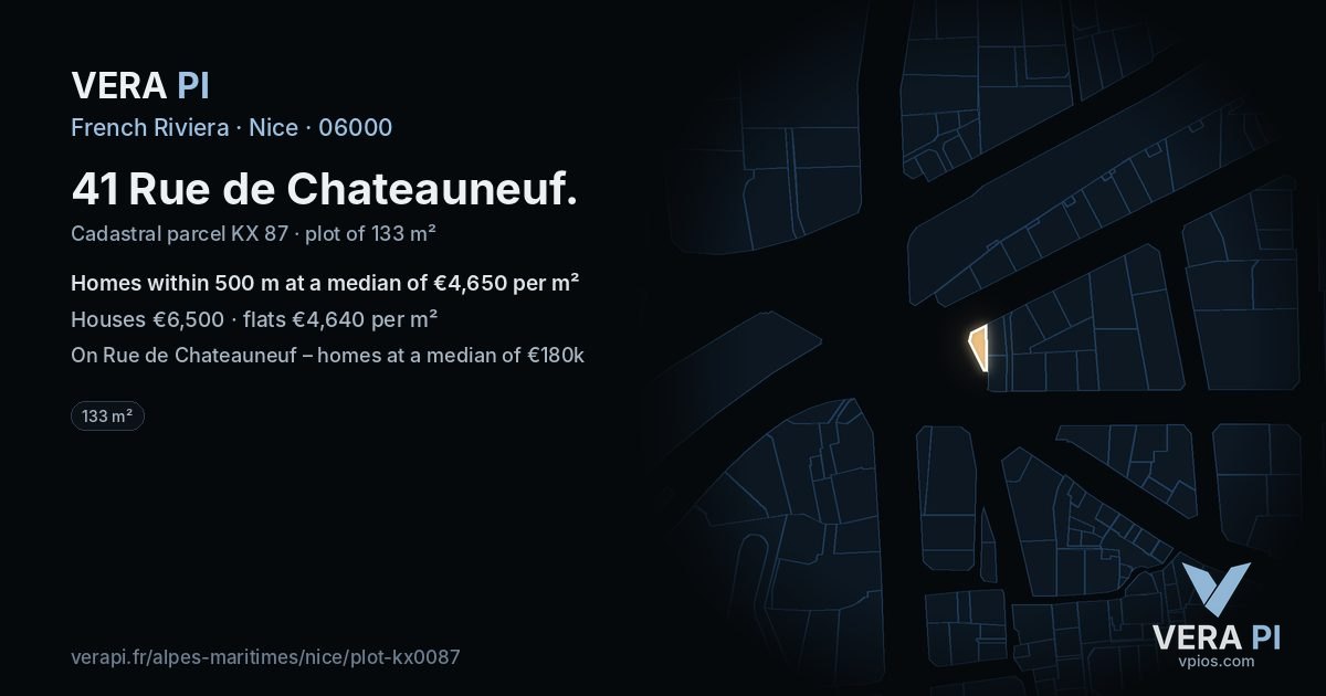 41 Rue de Chateauneuf, Nice at night – the plot lit, the parcels around coloured by the prices near them