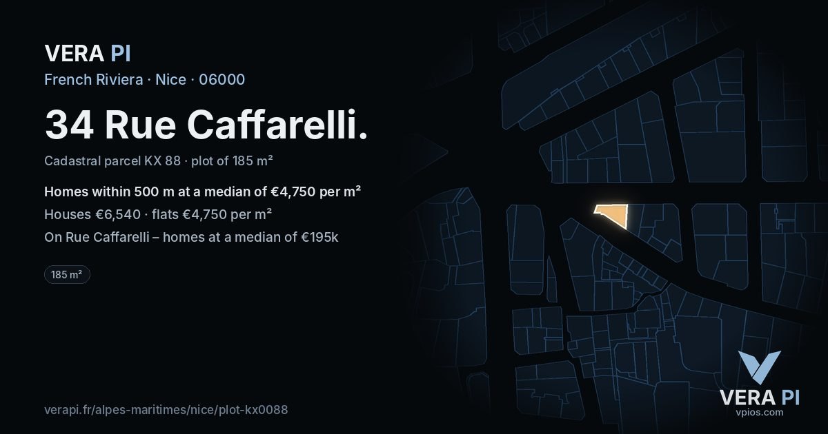 34 Rue Caffarelli, Nice at night – the plot lit, the parcels around coloured by the prices near them