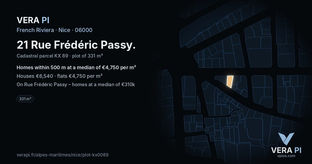 21 Rue Frédéric Passy, Nice at night – the plot lit, the parcels around coloured by the prices near them