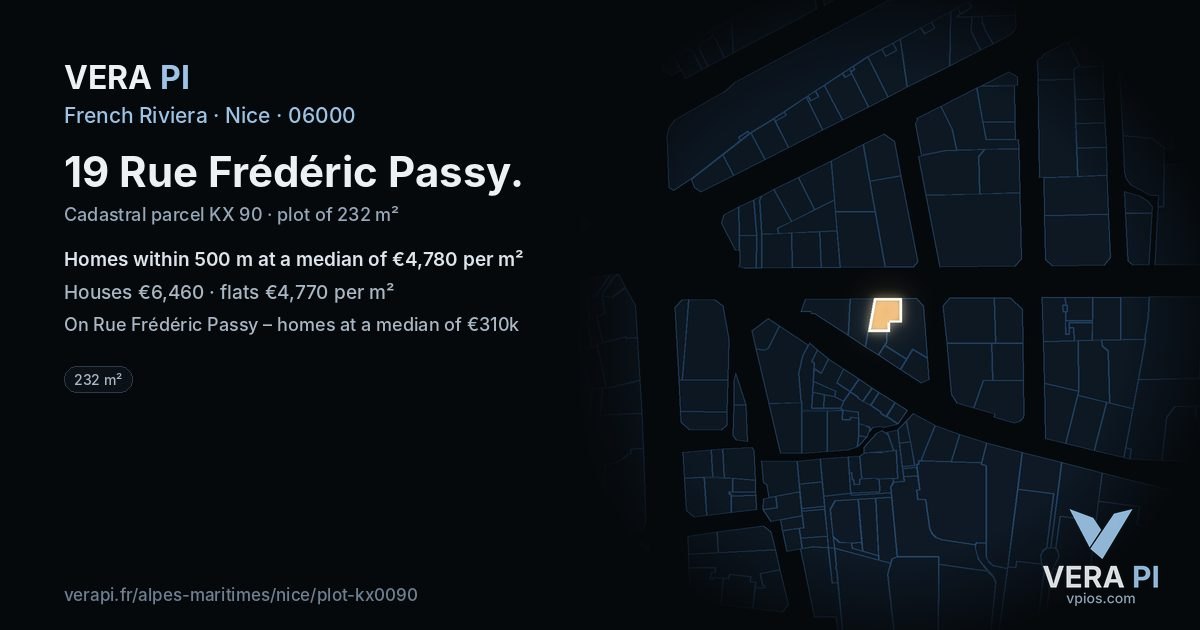 19 Rue Frédéric Passy, Nice at night – the plot lit, the parcels around coloured by the prices near them