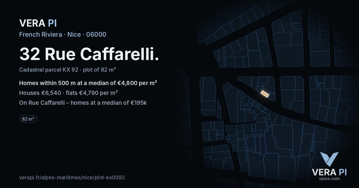 32 Rue Caffarelli, Nice at night – the plot lit, the parcels around coloured by the prices near them
