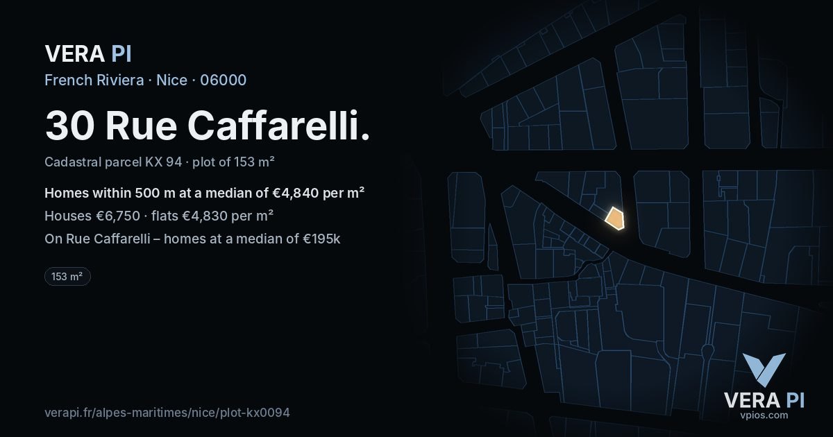30 Rue Caffarelli, Nice at night – the plot lit, the parcels around coloured by the prices near them