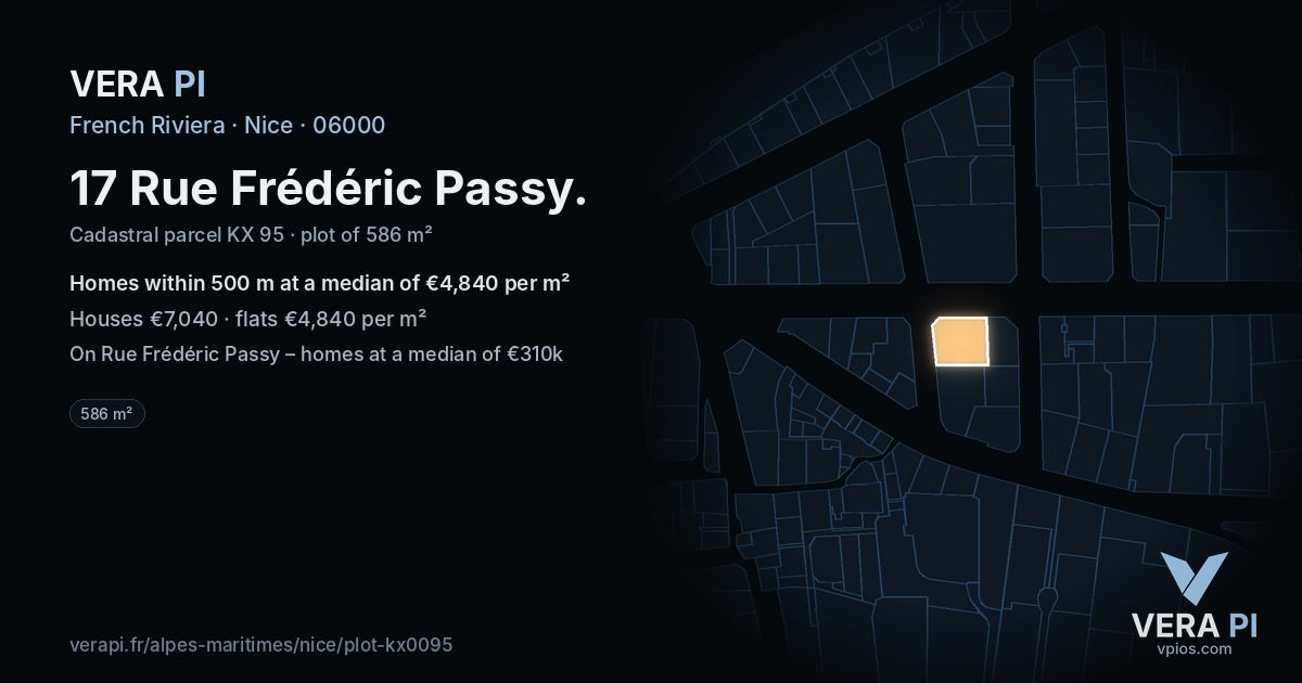17 Rue Frédéric Passy, Nice at night – the plot lit, the parcels around coloured by the prices near them
