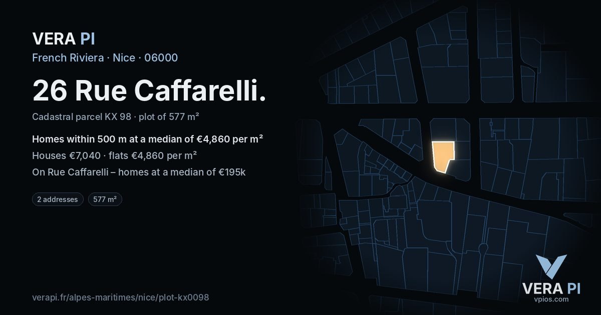 26 Rue Caffarelli, Nice at night – the plot lit, the parcels around coloured by the prices near them