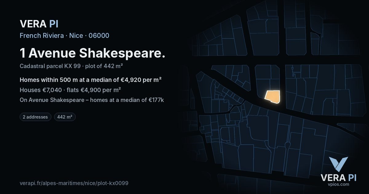1 Avenue Shakespeare, Nice at night – the plot lit, the parcels around coloured by the prices near them