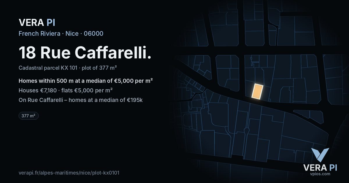 18 Rue Caffarelli, Nice at night – the plot lit, the parcels around coloured by the prices near them